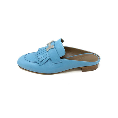 Hermes Rivoli Bleu Ciel Leather Mules Designer consignment From Runway With Love