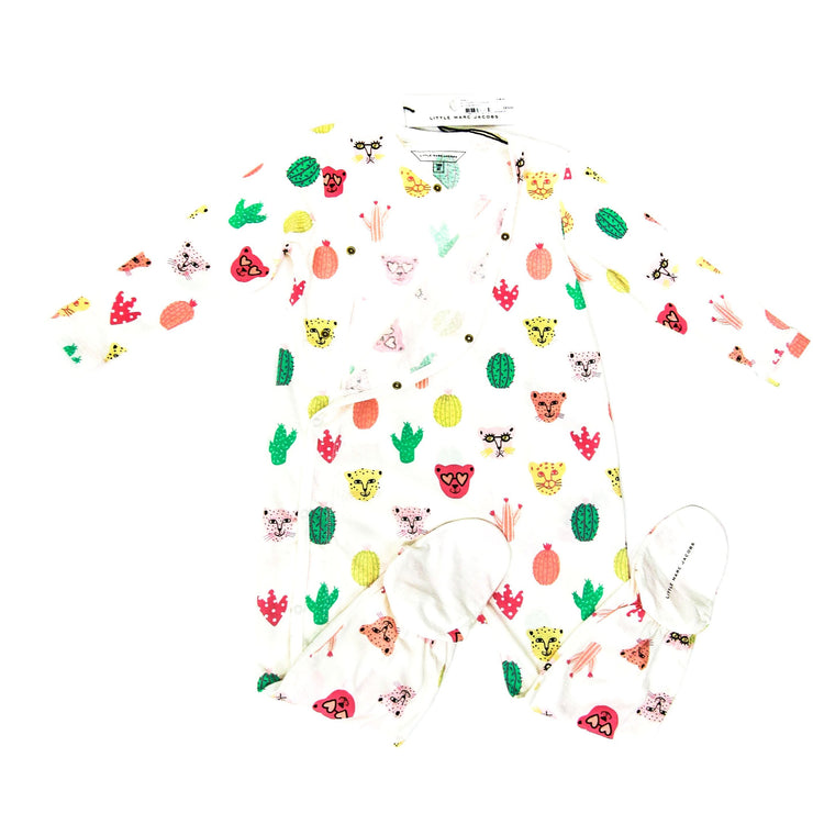 Little Marc Jacobs long sleeve onesie snap buttons down cats cactus green pink yellow