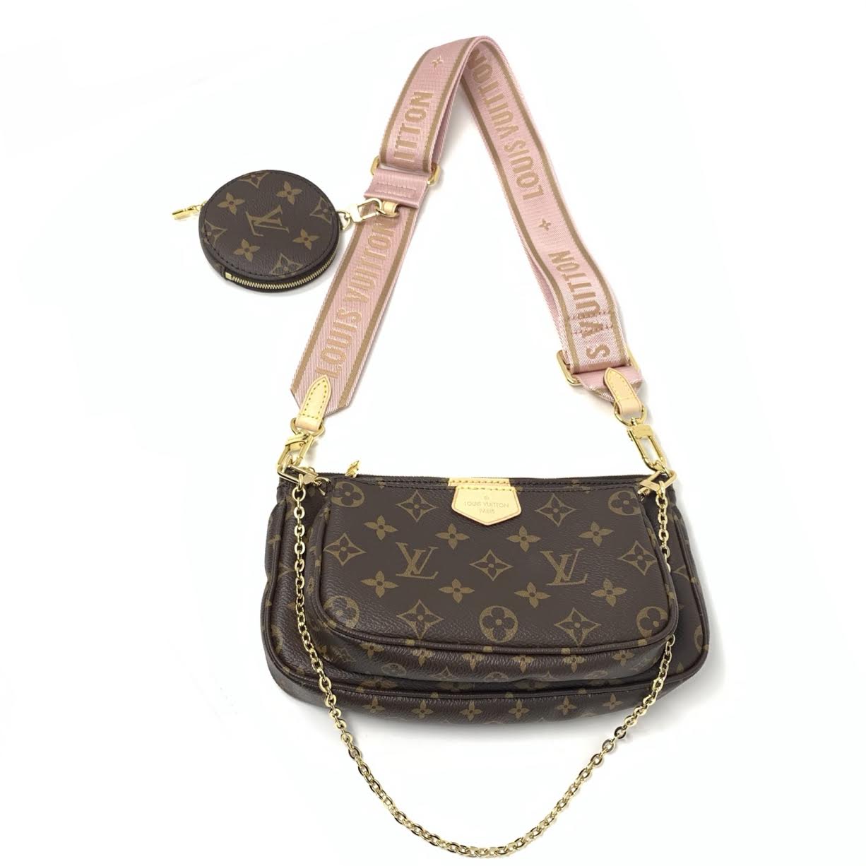 Louis Vuitton Multi Pochette Brown LV Print Rose Pink Green Strap