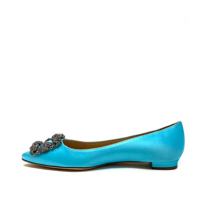 Manolo Blahnik Hangisi Satin Flats Aqua Blue Crystal Consignment Shop From Runway With Love