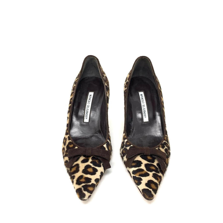 Manolo Blahnik leopard print heels pony hair designer consignment From Runway With Love Cancer research Charity donation