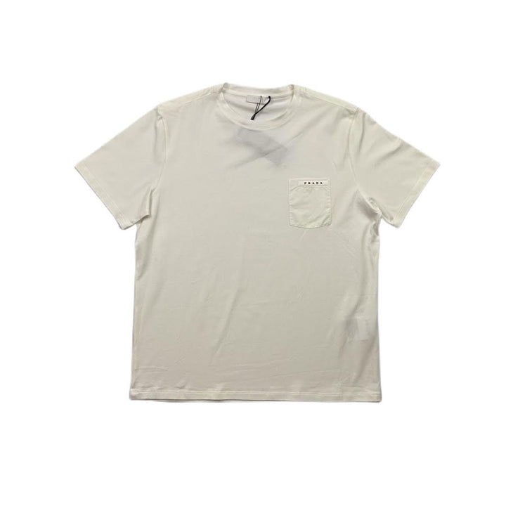 men's white Prada T-Shirt logo pocket consignment shop from runway with love