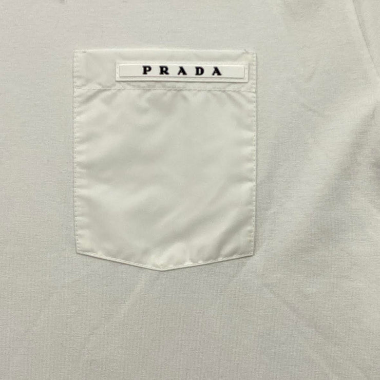 men's white Prada T-Shirt logo pocket consignment shop from runway with love