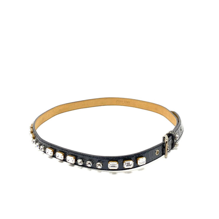 Miu MIu Leather Crystal Jewel-Embellished Belt Black Consignment Shop From Runway With Love