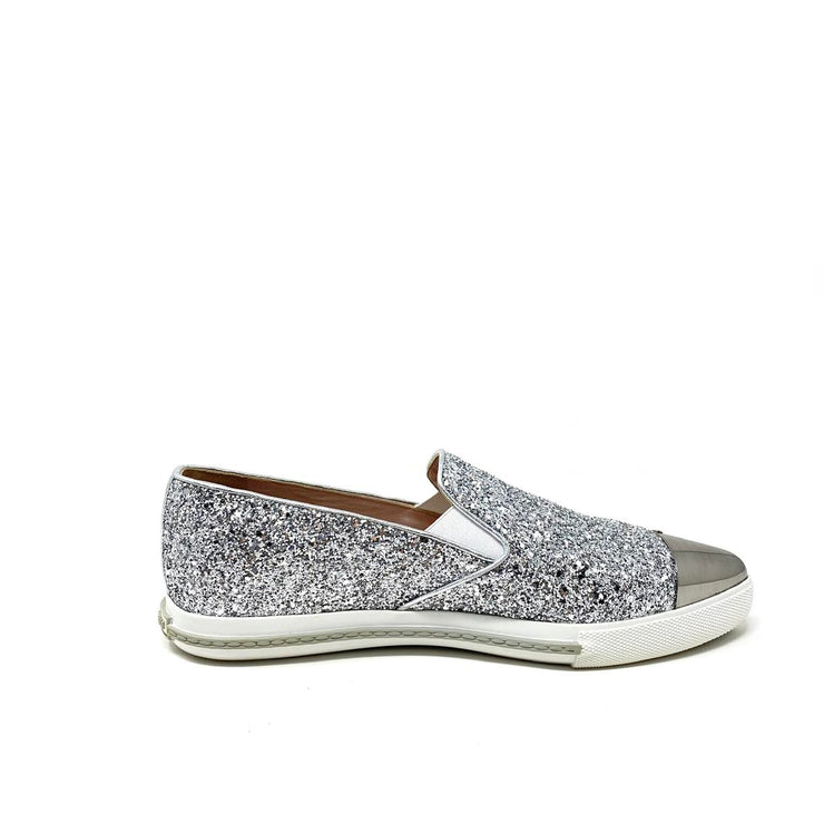 Miu Miu Glitter Sparkle Slip-On Sneakers Silver Consignment Shop From Runway With Love