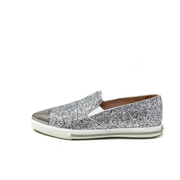 Miu Miu Glitter Sparkle Slip-On Sneakers Silver Consignment Shop From Runway With Love