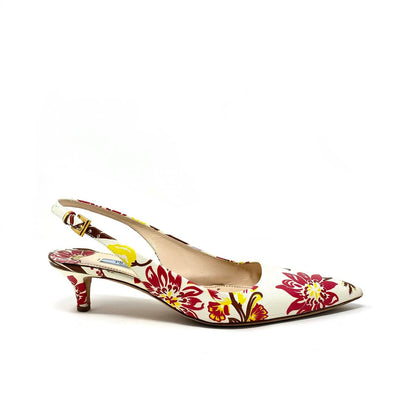 Prada Floral Slingback Pumps Saffiano Leather White Consignment Shop from Runway With Love