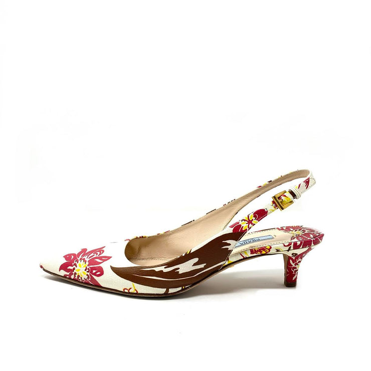 Prada Floral Slingback Pumps Saffiano Leather White Consignment Shop from Runway With Love
