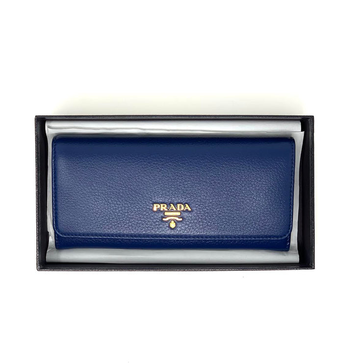 Prada Continental Flap Wallet Blue Leather Designer Consignment From Runway With Love