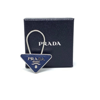 Prada Saffiano Keychain Blue silver triangle 