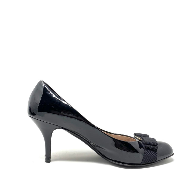 Salvatore Ferragamo Vara Round-Toe Pumps Black Patent Leather Consignment Shop From Runway With Love