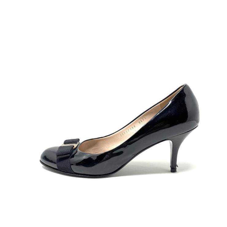 Salvatore Ferragamo Vara Round-Toe Pumps Black Patent Leather Consignment Shop From Runway With Love