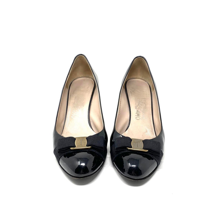 Salvatore Ferragamo Vara Round-Toe Pumps Black Patent Leather Consignment Shop From Runway With Love