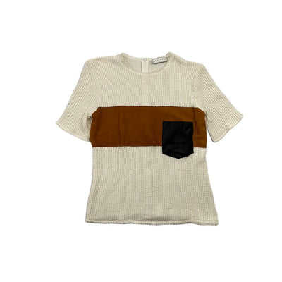 white Sandro waffle T-shirt with leather pocket suede chest Consignment shop From Runway With Love