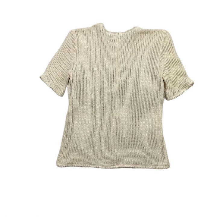 white Sandro waffle T-shirt with leather pocket suede chest Consignment shop From Runway With Love