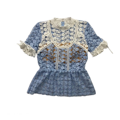 blue white Self-Portrait lace peplum top bow Consignment Shop From Runway With Love