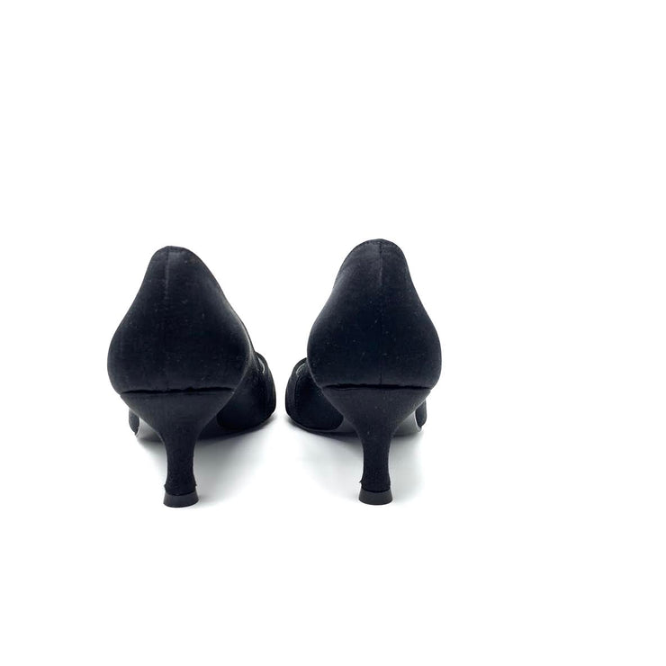 Stuart Weitzman Black Satin Heels designer consignment From Runway With Love Cancer research Charity donation