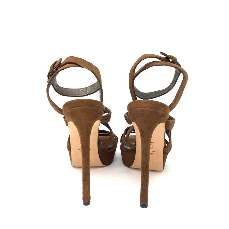 Stuart Weitzman Suede Multi-Strap Platform Sandals in Brown Amaretto Designer Consignment From Runway with Love