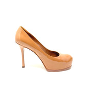 Yves Saint Laurent Tribute Two Platform Heels Beige Patent Leather Consignment Shop From Runway With Love