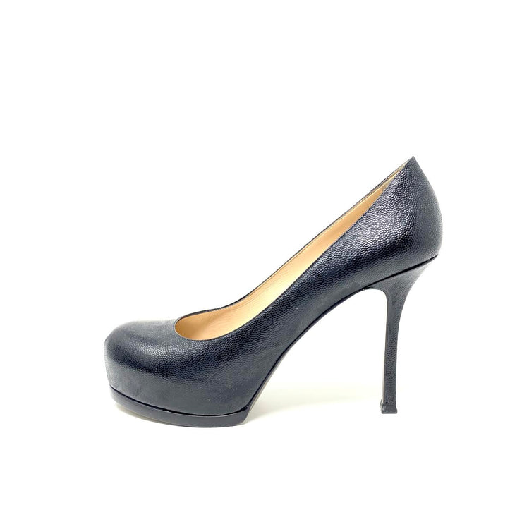 Yves Saint Laurent Tribute Two Platform Heels Black Leather Consignment Shop From Runway With Love