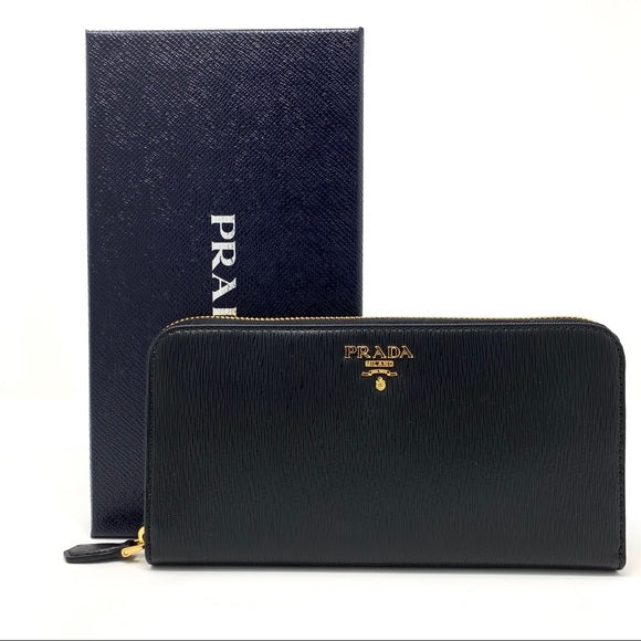 Prada Continental zip Wallet black leather Designer Consignment From Runway With Love