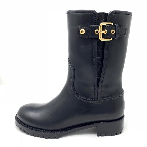 Louis Vuitton black Suzy Flat Half Boot Leather Biker Boot gold buckle Designer Consignment From Runway With Love