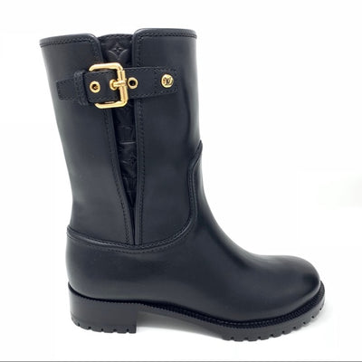 Louis Vuitton black Suzy Flat Half Boot Leather Biker Boot gold buckle Designer Consignment From Runway With Love